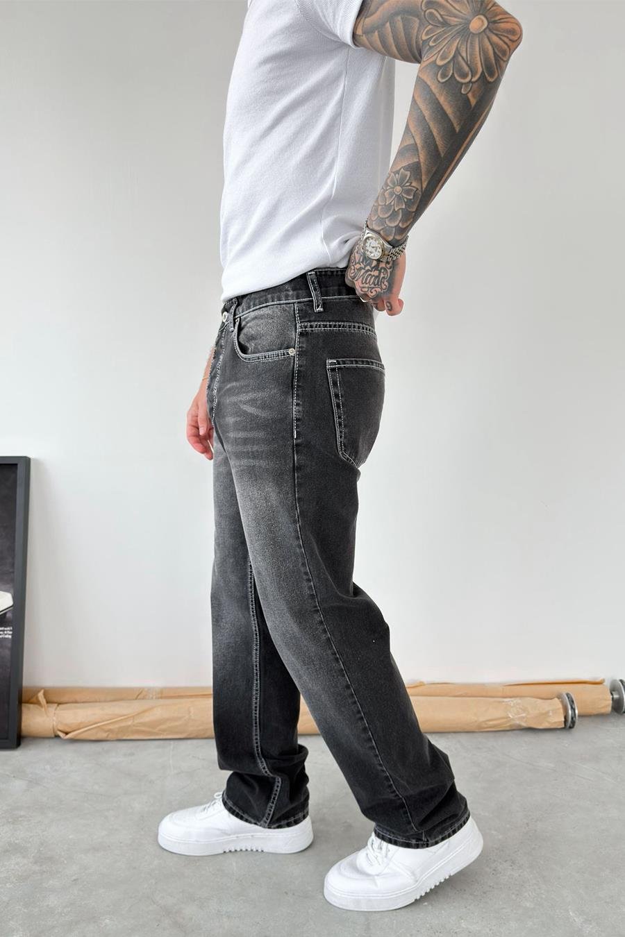 Siyah Ters Dikiş Detay Baggy Pantolon