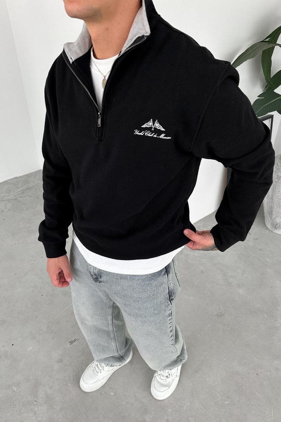Siyah Yacht Club Yarım Fermuar Relaxed Sweatshirt