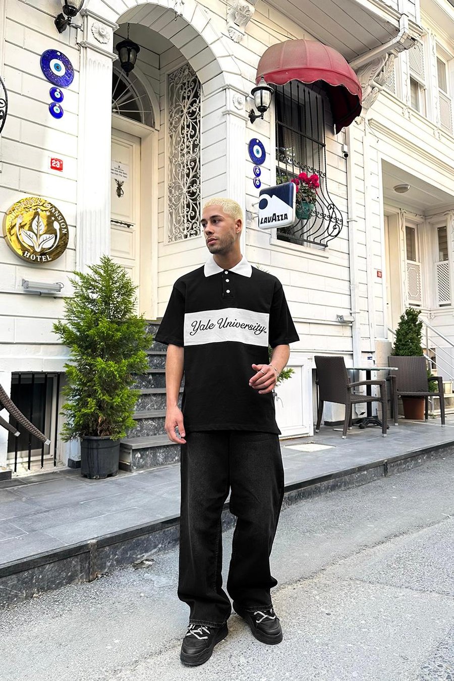 Siyah Yale University PM Oversize Polo Yaka Tişört