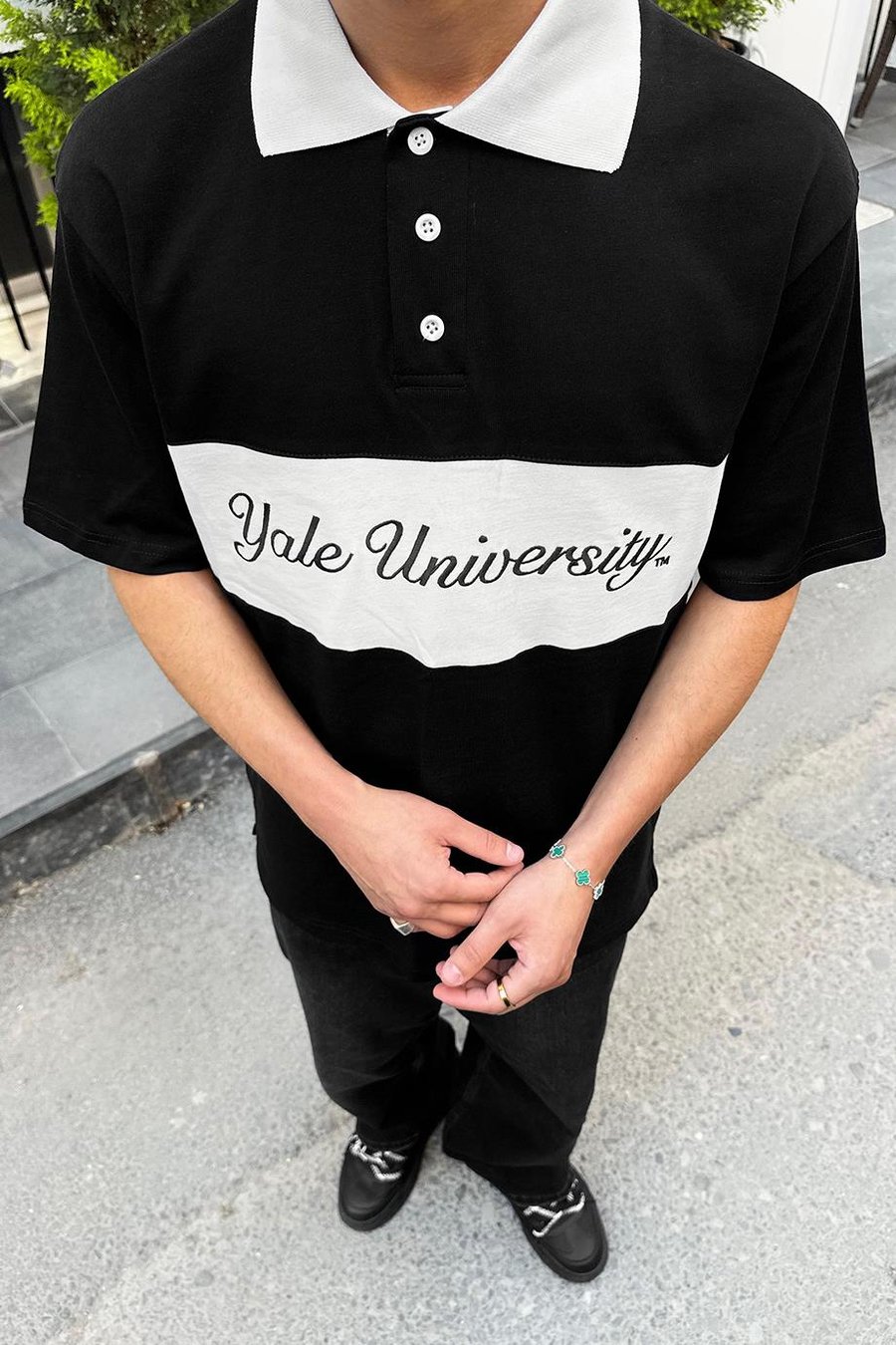 Siyah Yale University PM Oversize Polo Yaka Tişört