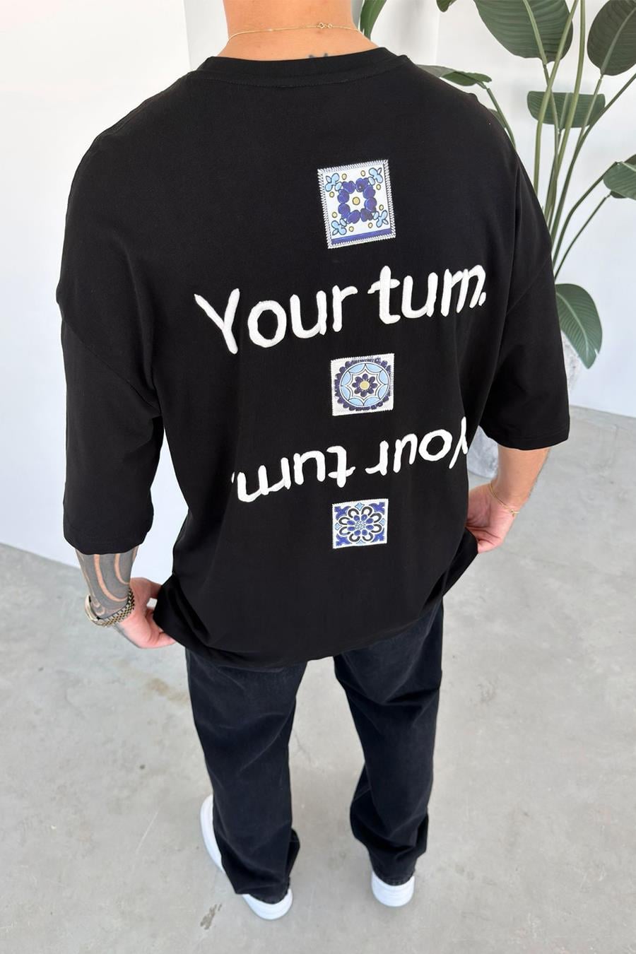 Siyah Your Tum Nakış Detay Oversize Tişört