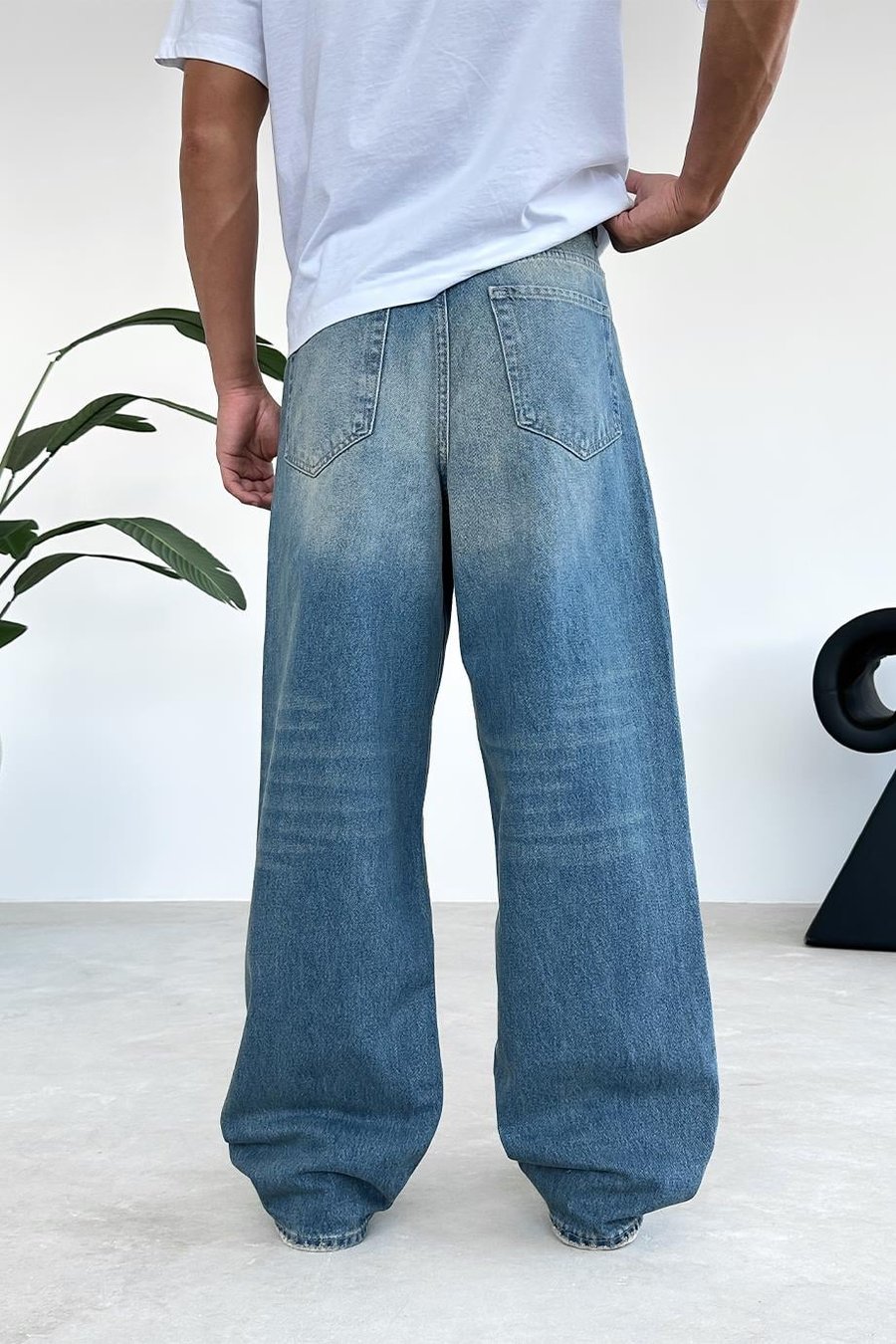 Soft Degrade Mavi Kemerli Basic Ekstra Bol Baggy Pantolon