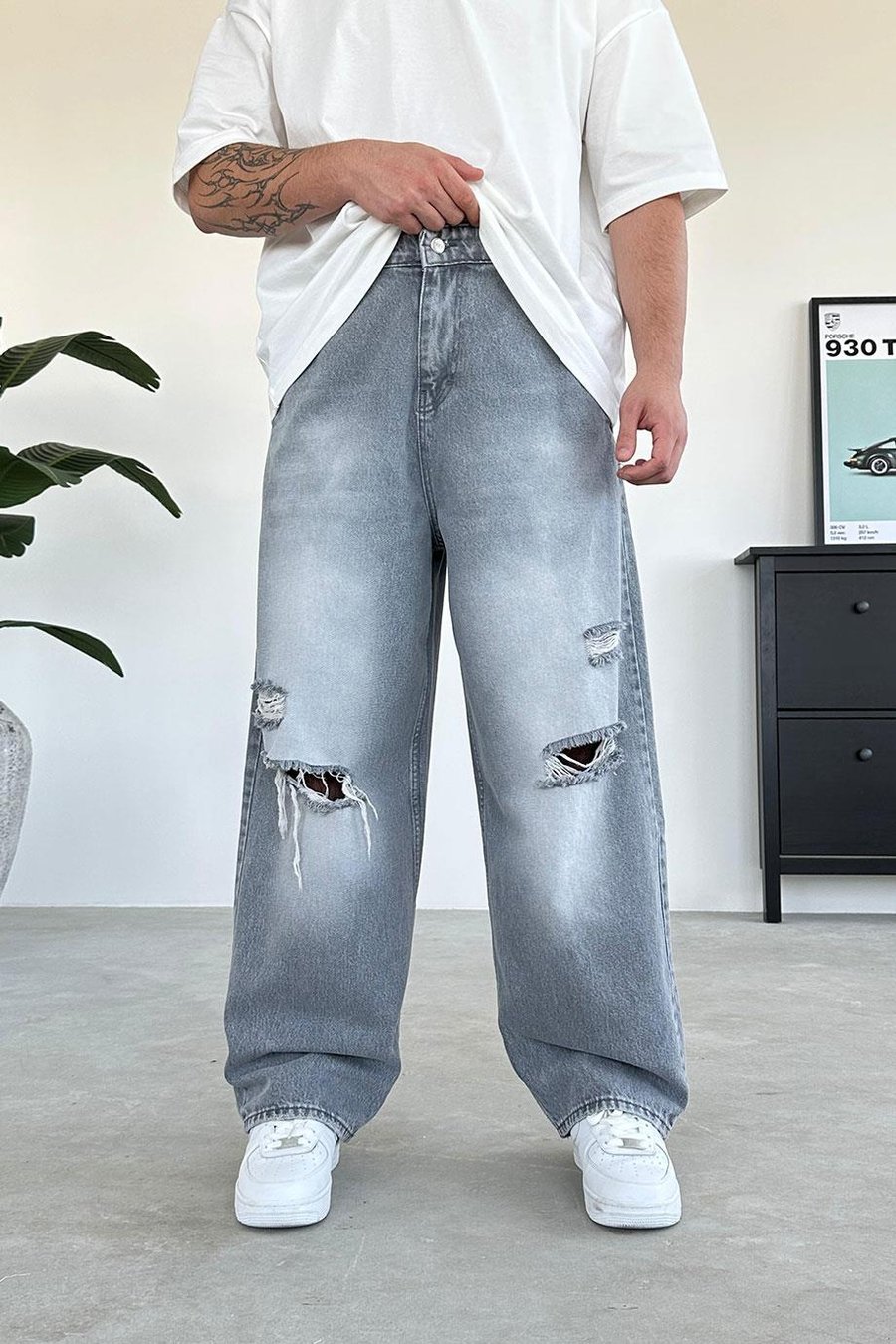 Soft Gri Dizi Yırtık Ekstra Bol Baggy Pantolon