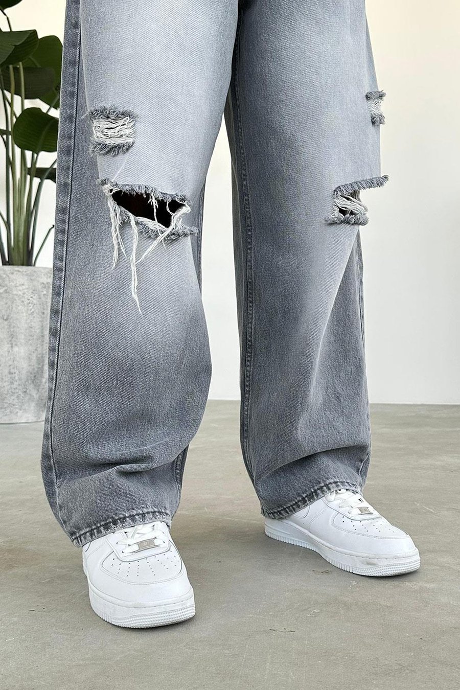 Soft Gri Dizi Yırtık Ekstra Bol Baggy Pantolon