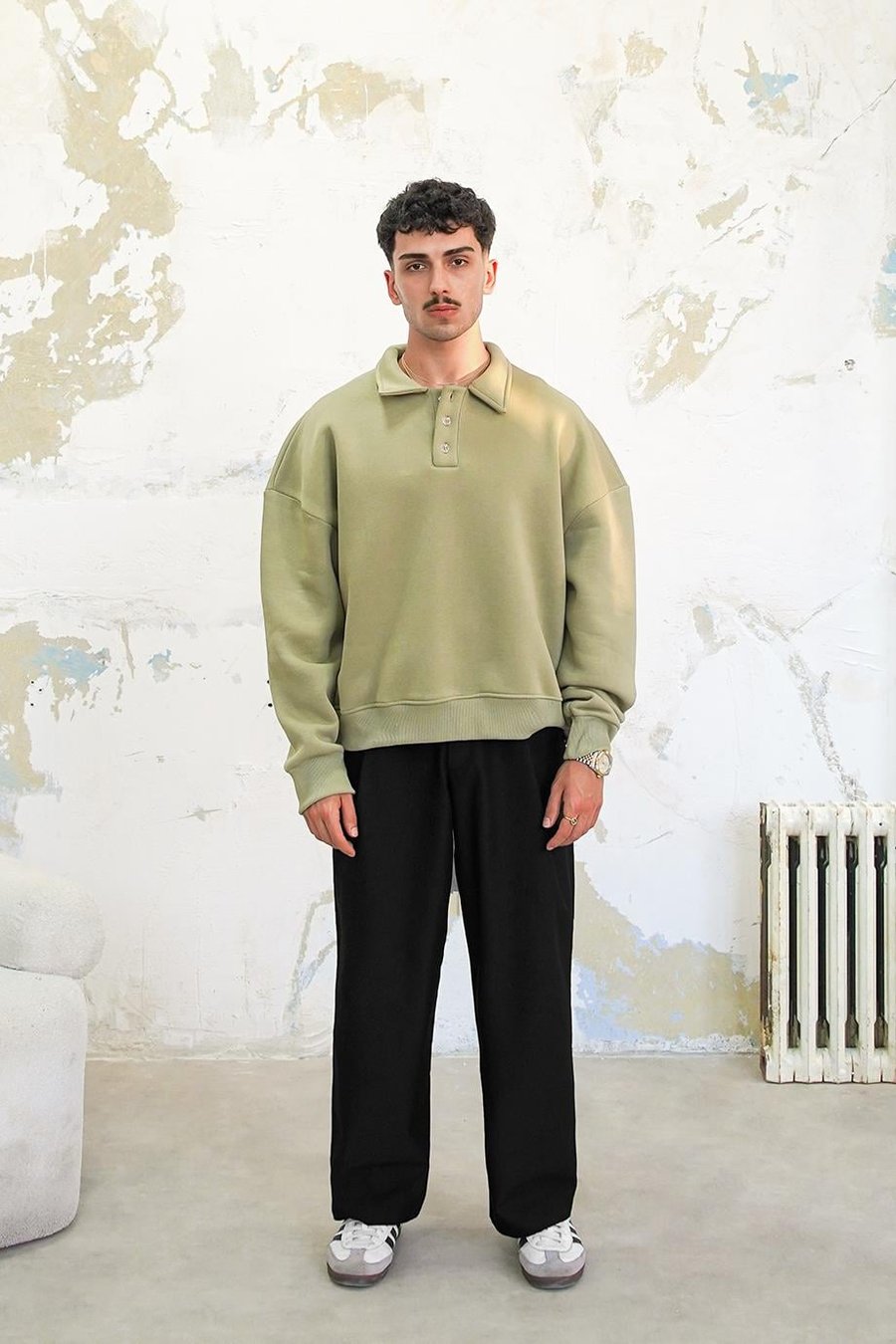 Soft Yeşil Cozy Basic Oversize Polo Yaka Sweatshirt