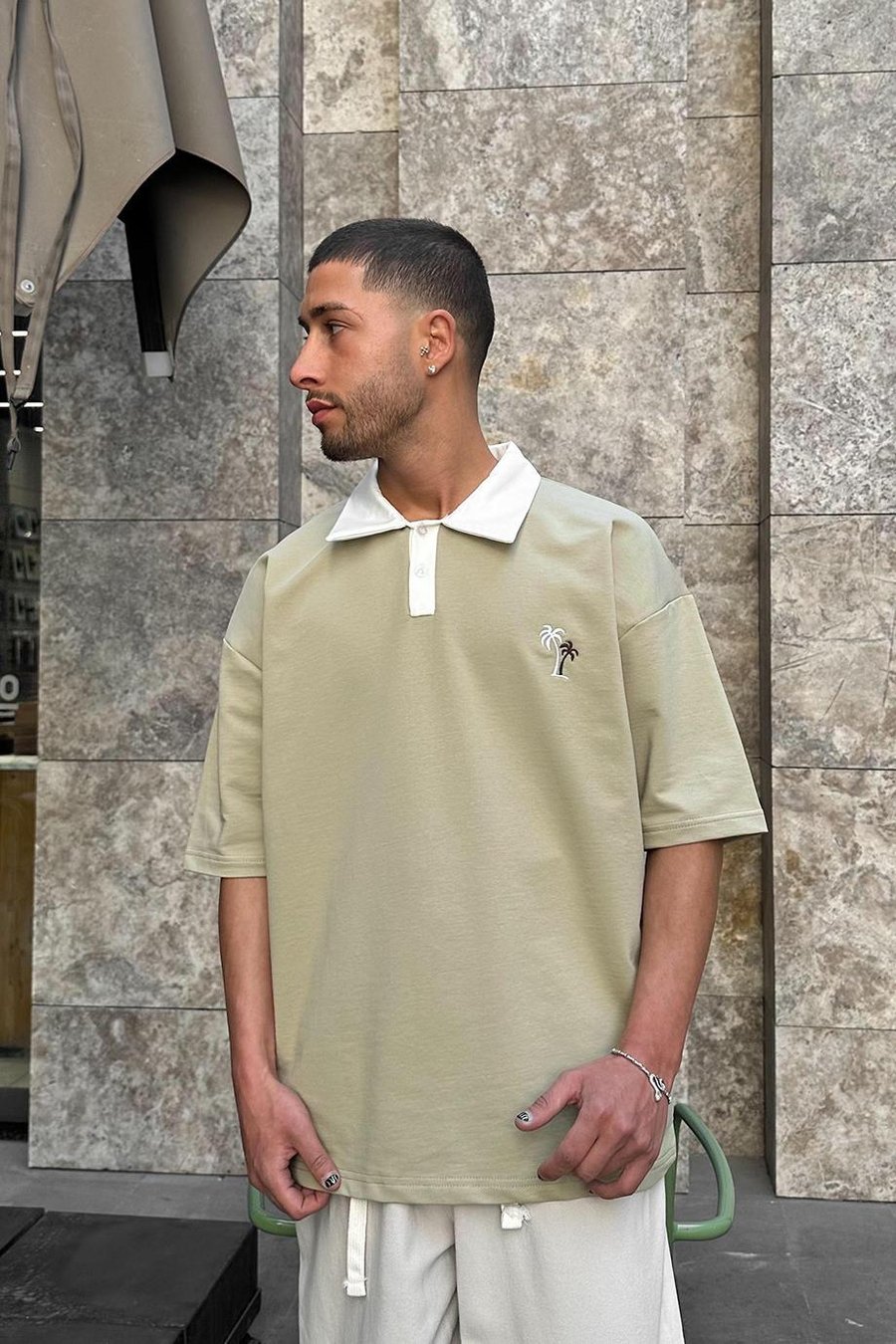 Su Yeşili Palmiye Polo Yaka OUTPLENTY PREMİUM Oversize Tişört