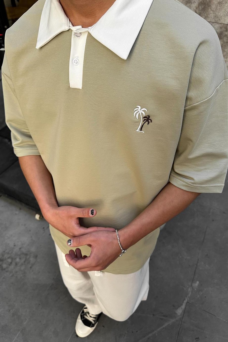 Su Yeşili Palmiye Polo Yaka OUTPLENTY PREMİUM Oversize Tişört