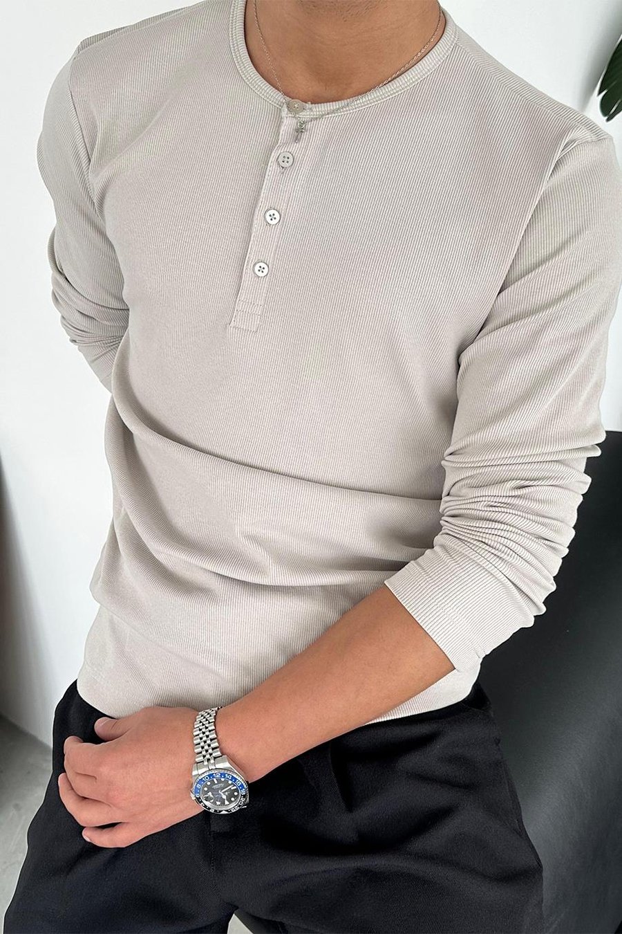 Taş Basic Fitilli Düğmeli Yaka Relax Fit Uzun Kollu Tişört
