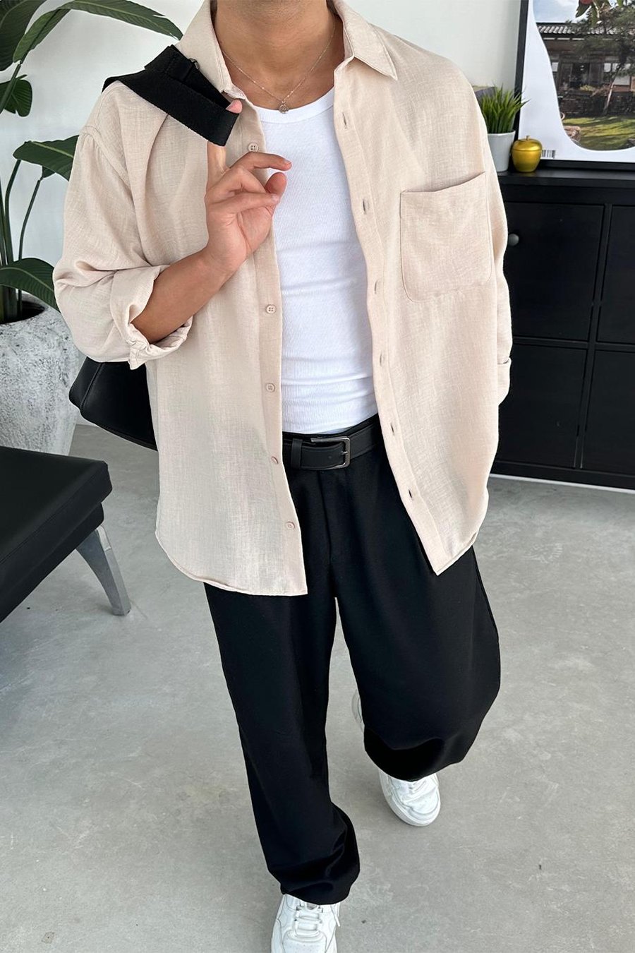 Taş Basic Ön Cep Detay Oversize Gömlek