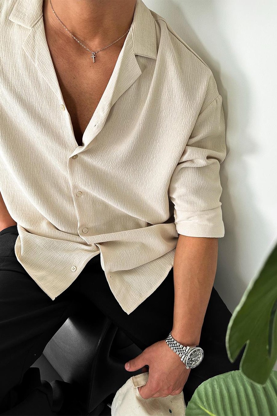 Taş Dokulu Fitilli Basic Oversize Gömlek
