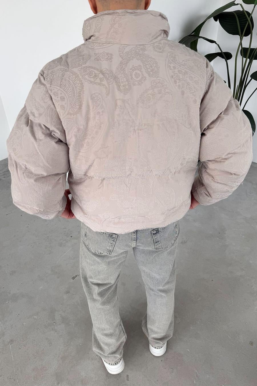 Taş Etnik Kabartma Detay Oversize Puffer Mont