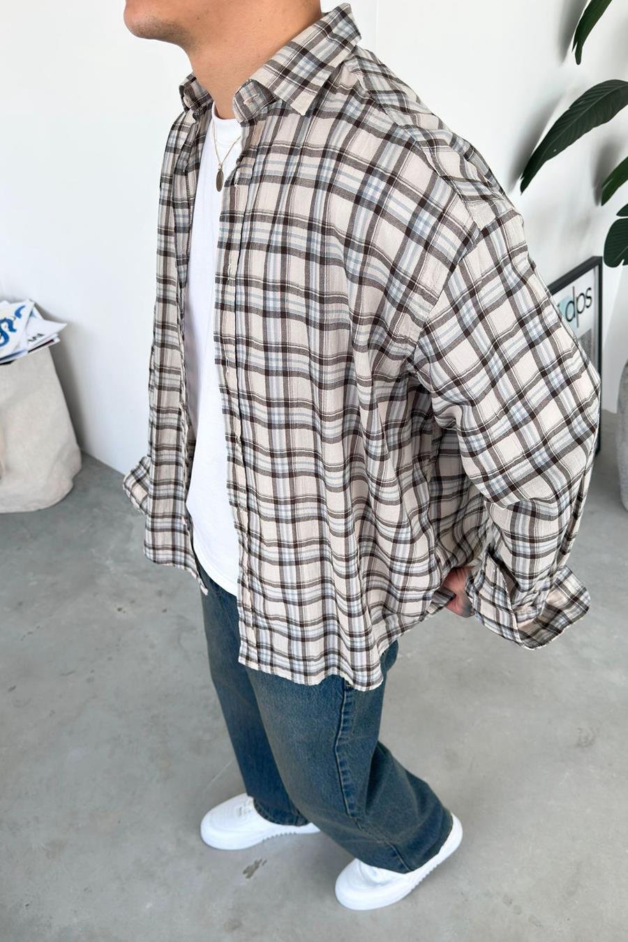 Taş Kareli Oversize Oduncu Gömleği