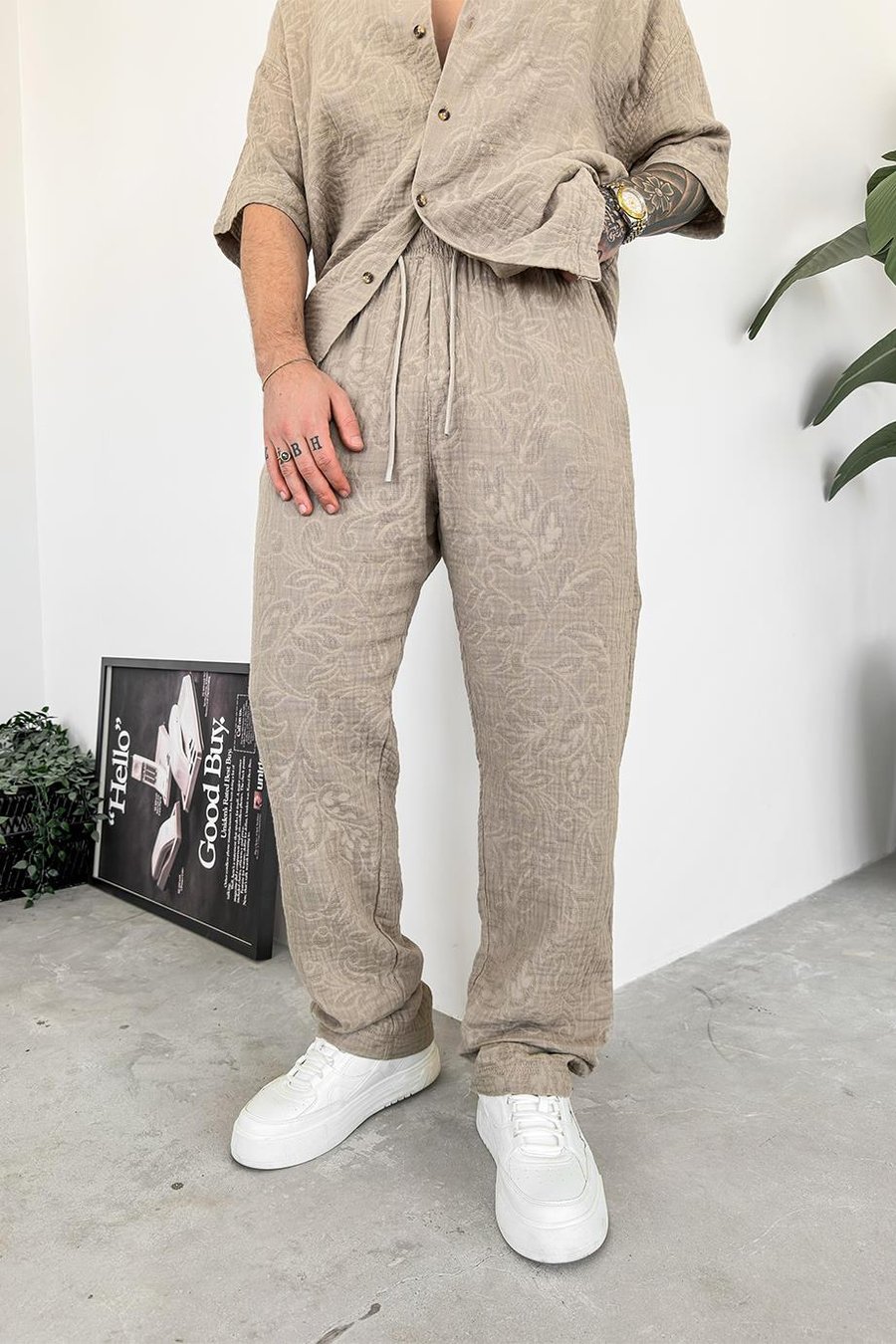 Taş Müslin Flower Kabartma Detay Baggy Pantolon