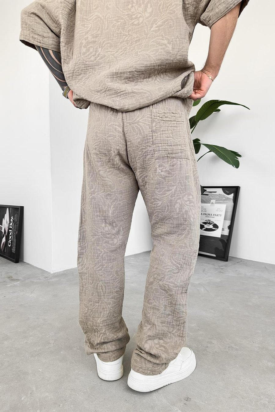 Taş Müslin Flower Kabartma Detay Baggy Pantolon