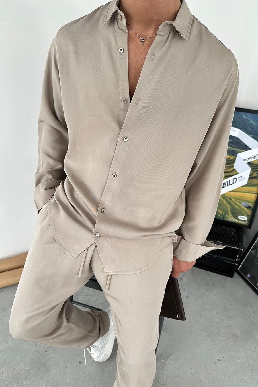 Taş Tensel Kumaş Basic Relaxed Gömlek
