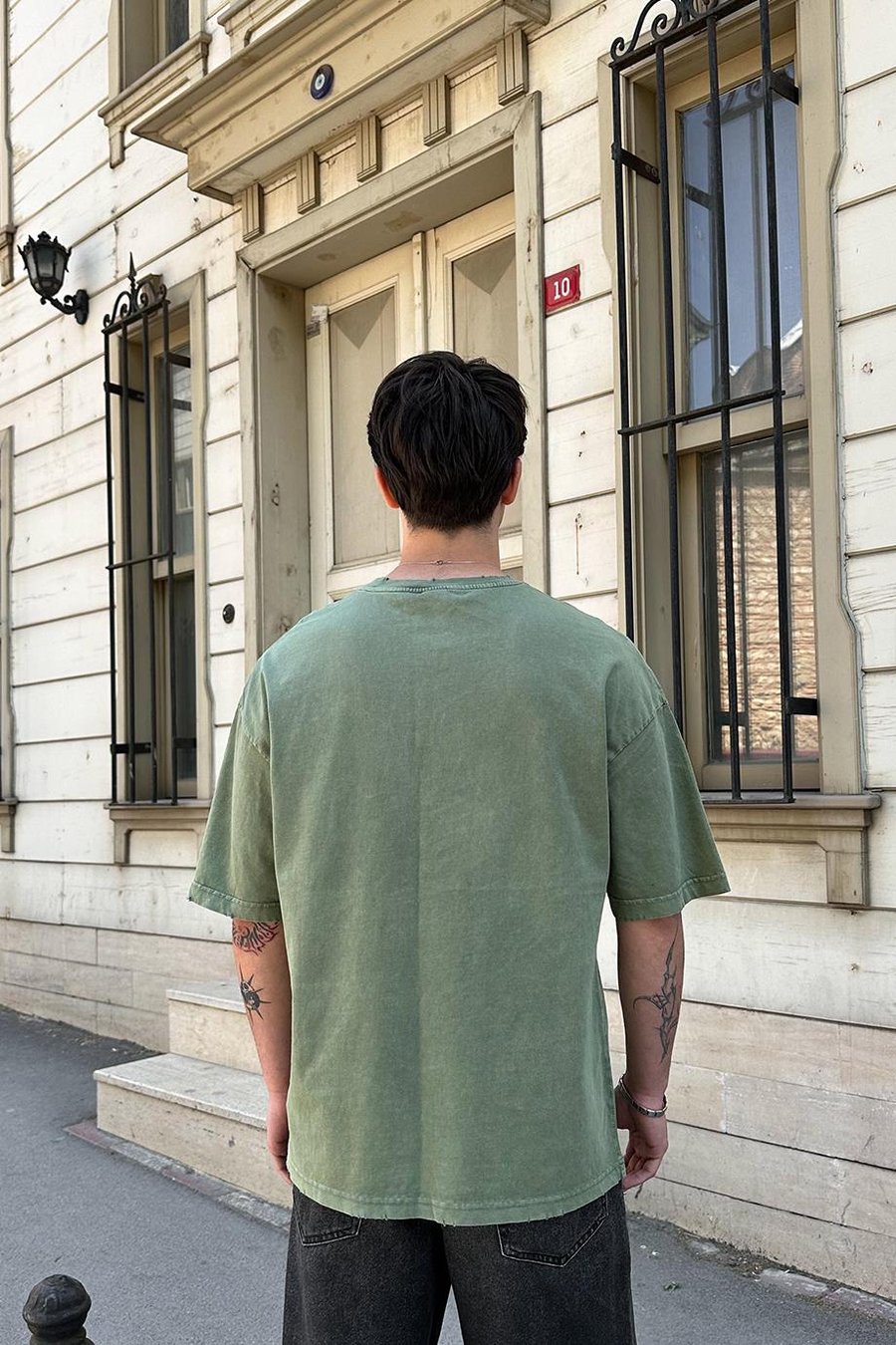 Yeşil Acid Wash Basic 1Z EE Oversize Tişört