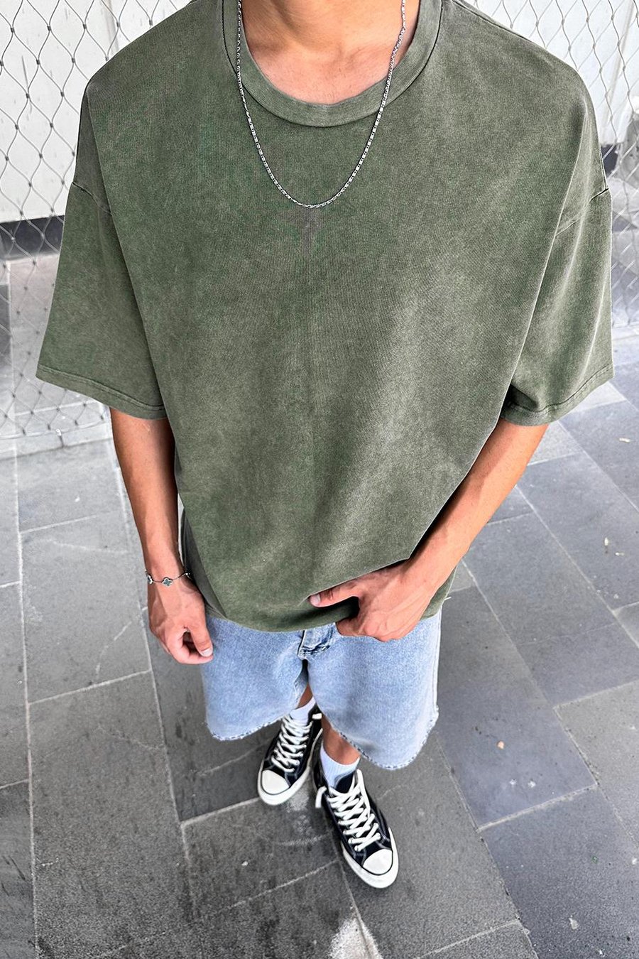 Yeşil Acid Wash Basic M7 PM Oversize Tişört