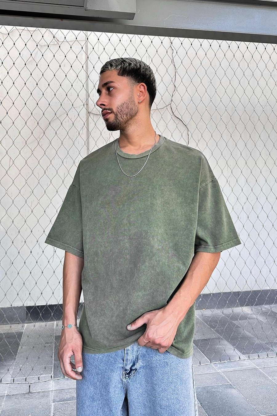 Yeşil Acid Wash Basic M7 PM Oversize Tişört