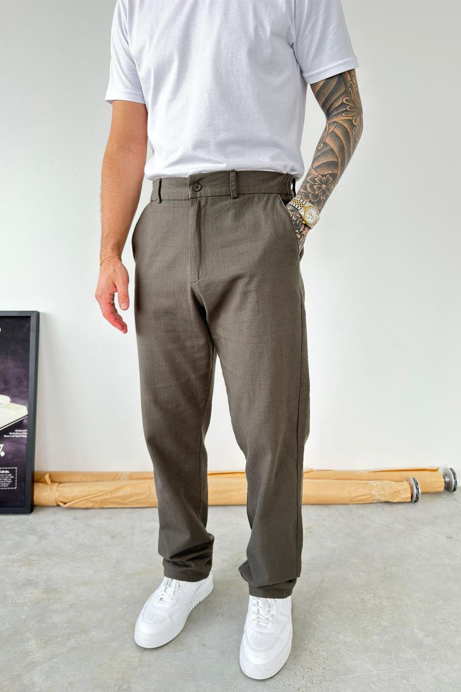 Yeşil Baggy Keten Pantolon
