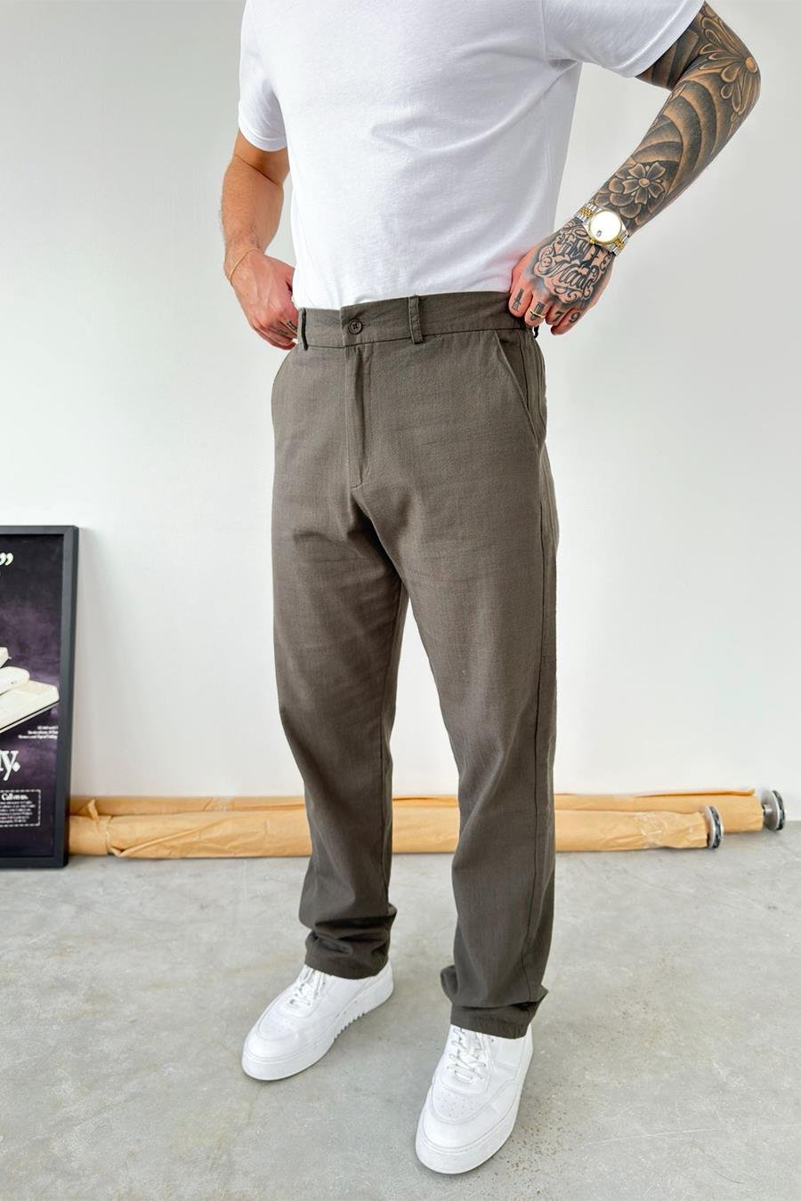 Yeşil Baggy Keten Pantolon