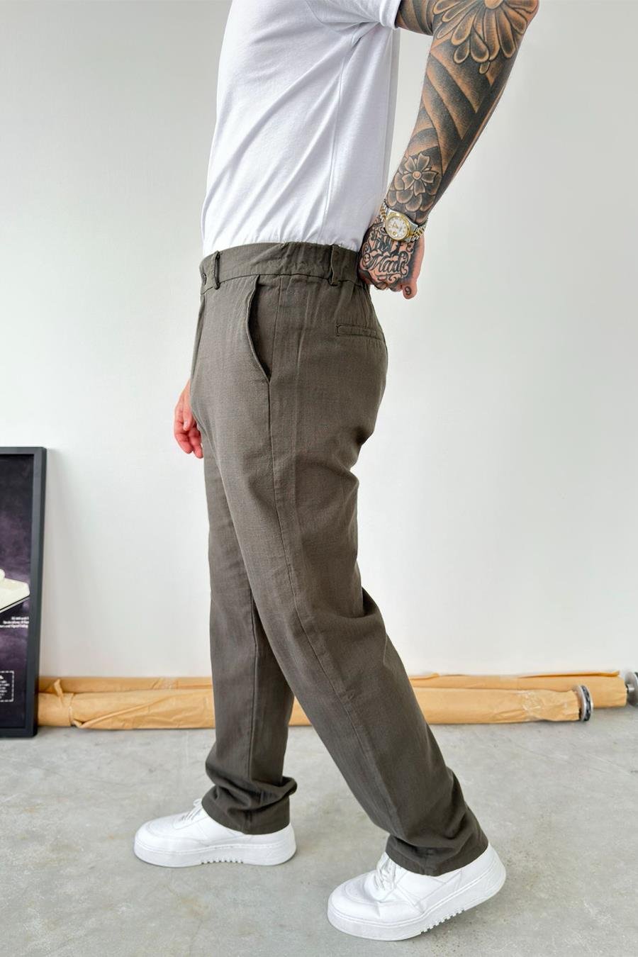 Yeşil Baggy Keten Pantolon