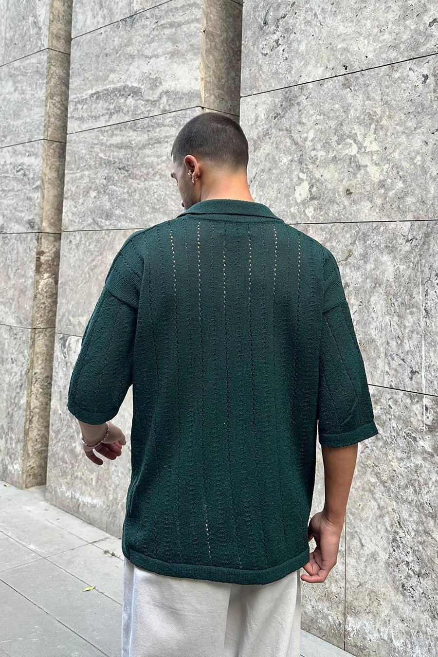 Yeşil Basic Örme Triko GO Polo Yaka Oversize Tişört
