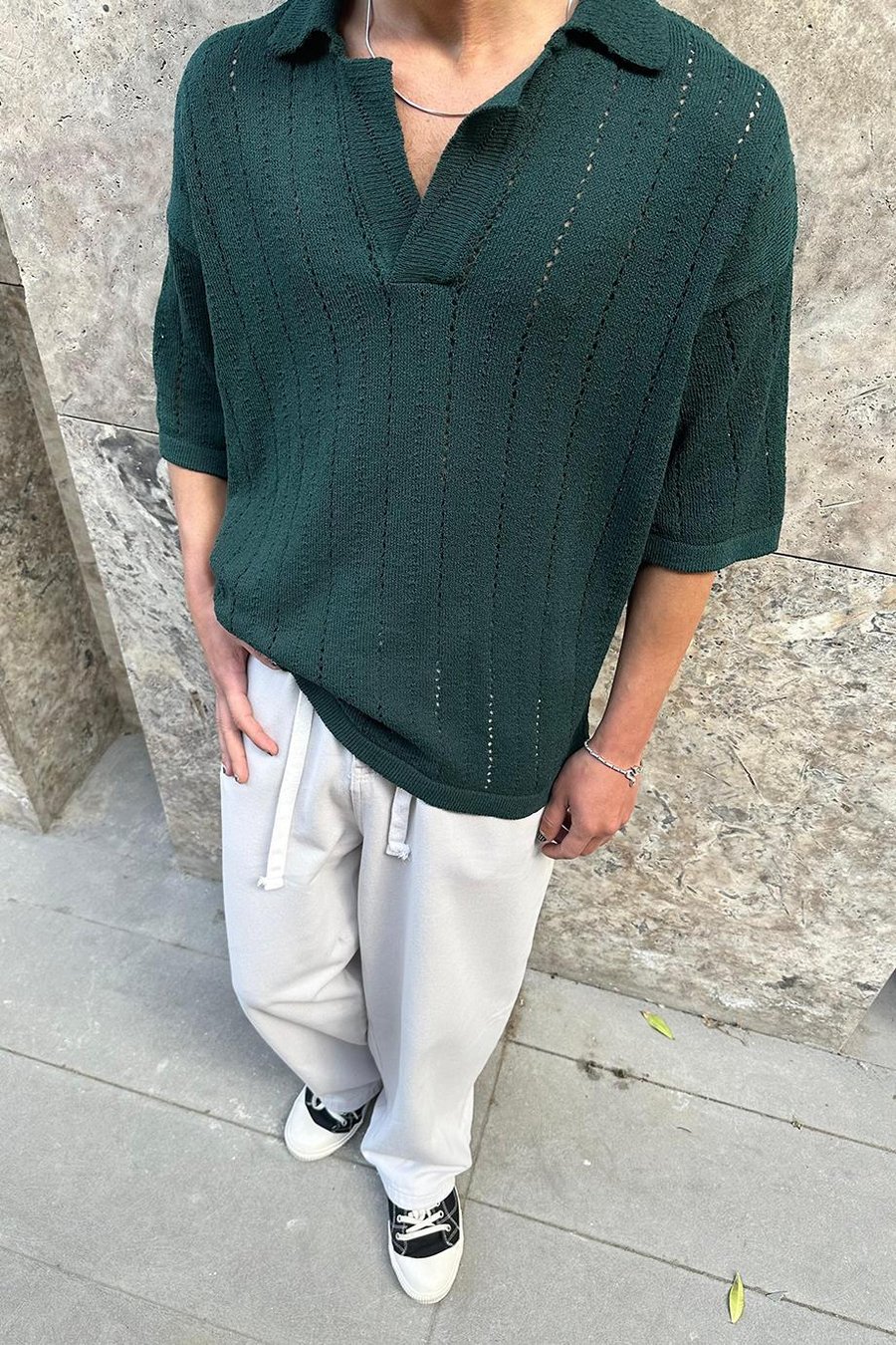 Yeşil Basic Örme Triko GO Polo Yaka Oversize Tişört