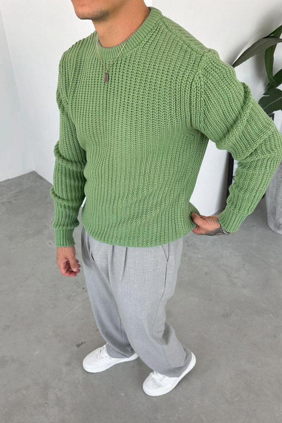 Yeşil Bisiklet Yaka Oversize Örgü Kazak