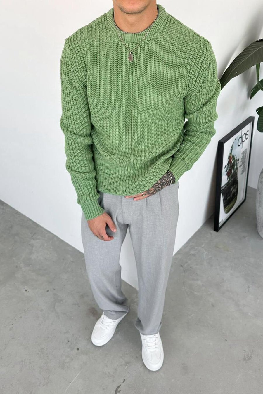 Yeşil Bisiklet Yaka Oversize Örgü Kazak