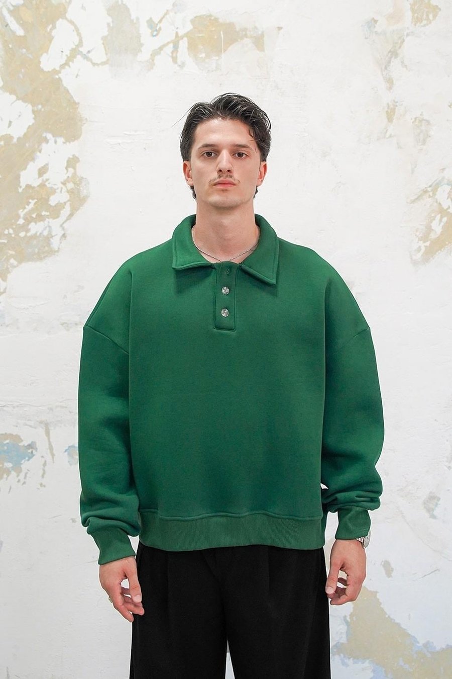Yeşil Cozy Basic Oversize Polo Yaka Sweatshirt