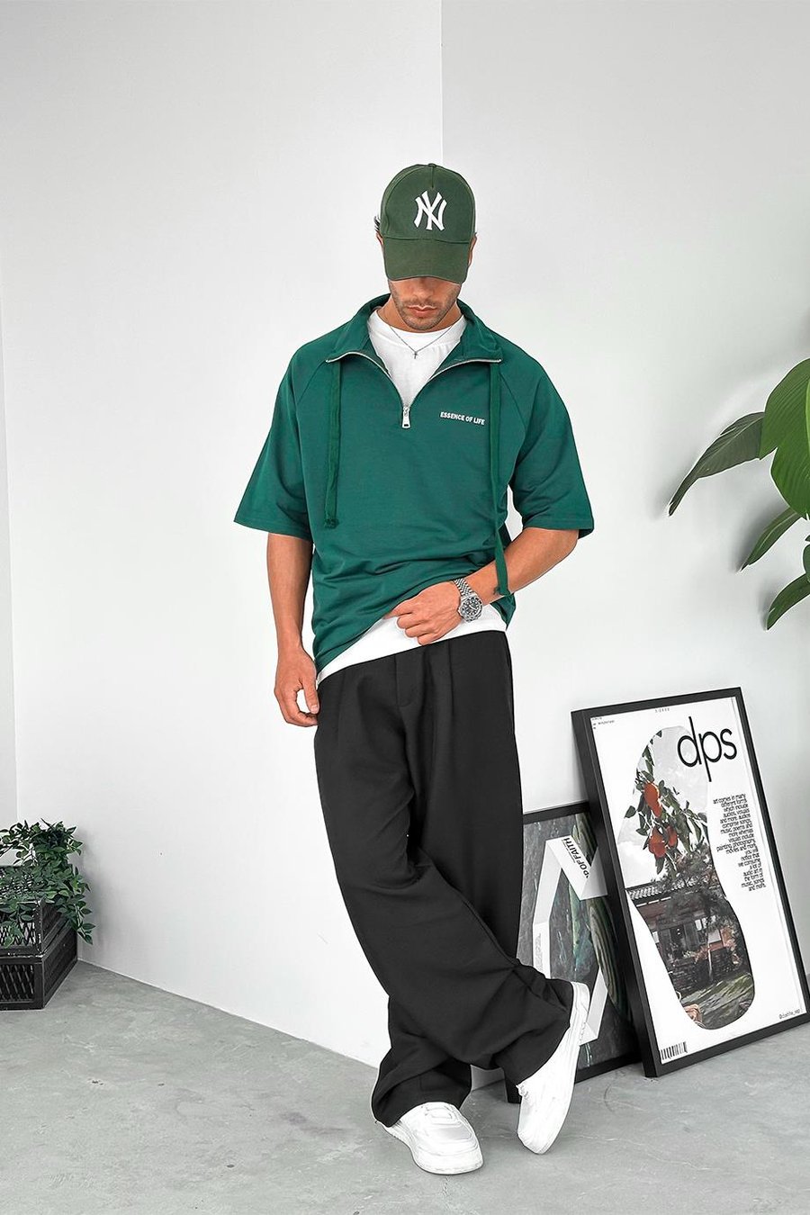 Yeşil Fermuarlı EE Oversize Polo Yaka Tişört