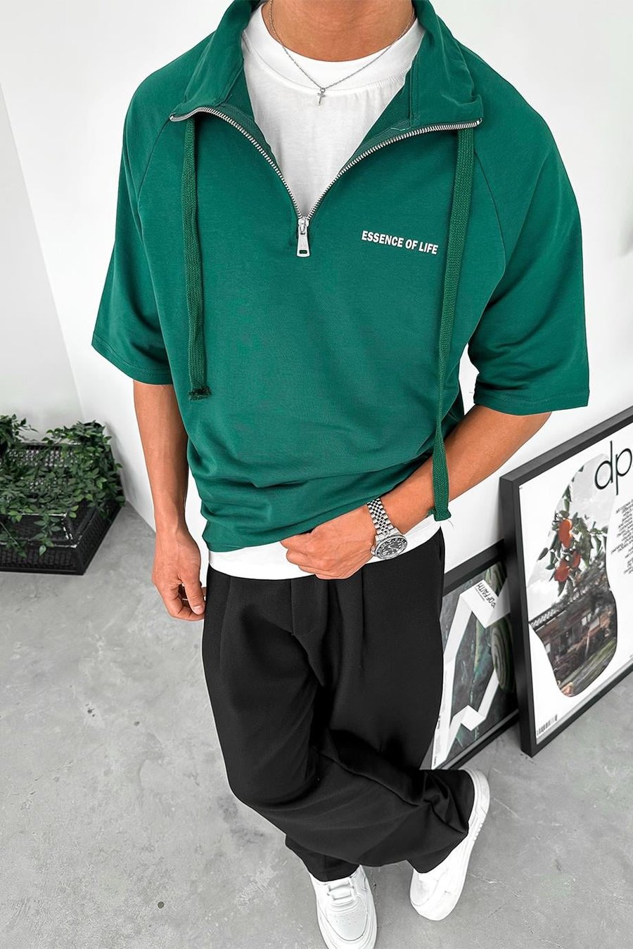 Yeşil Fermuarlı EE Oversize Polo Yaka Tişört