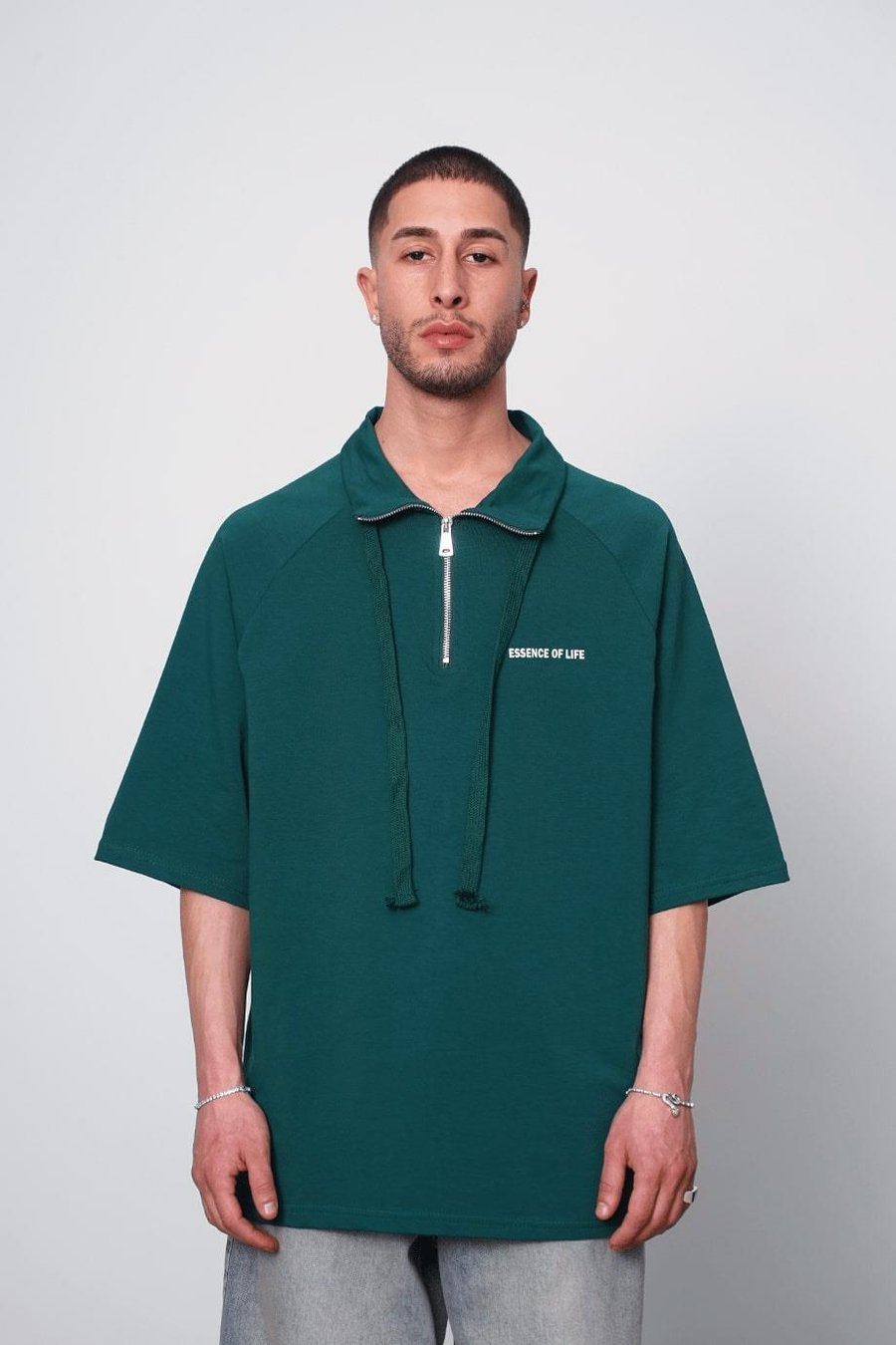Yeşil Fermuarlı EE Oversize Polo Yaka Tişört