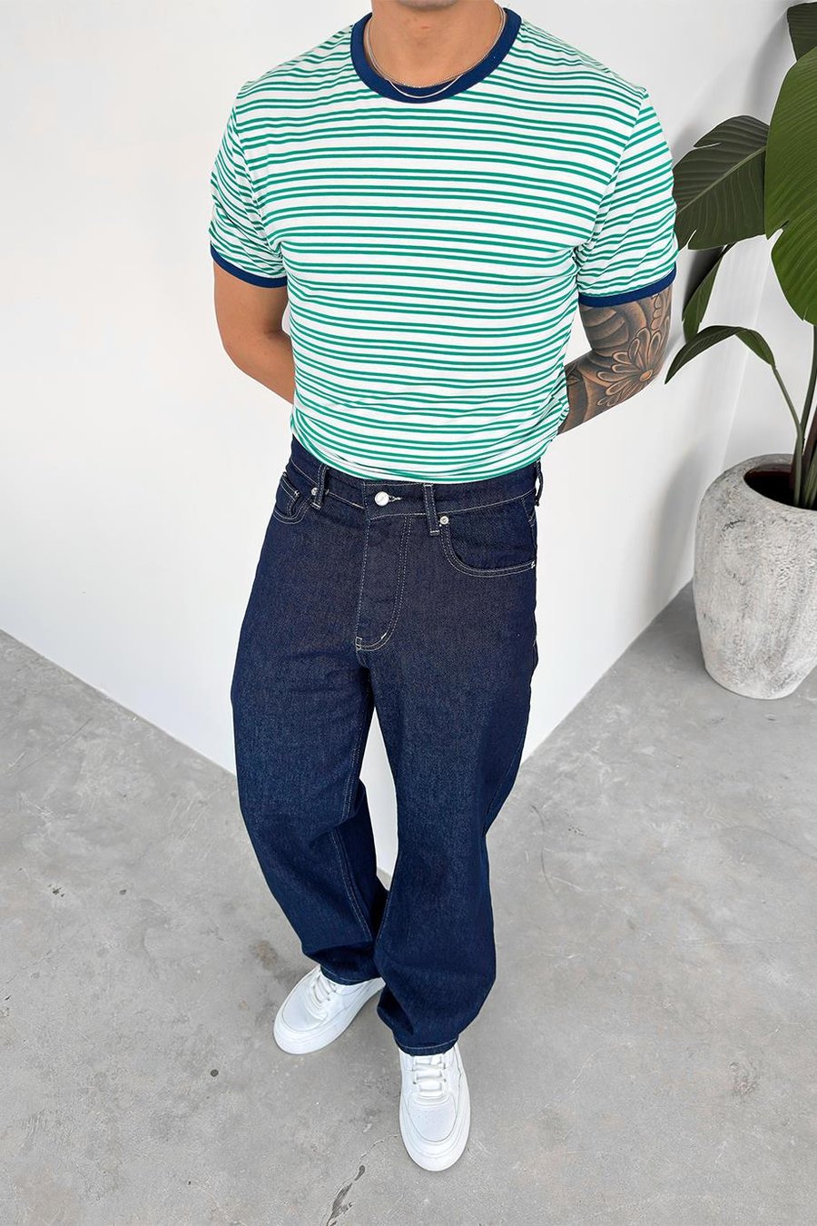 Yeşil Old Money Çizgili Oversize Tişört