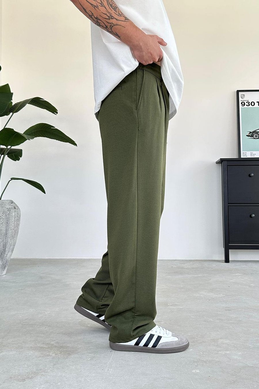 Yeşil Pile Detay Kumaş Baggy Pantolon