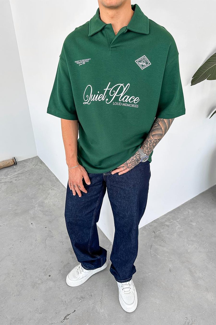 Yeşil Quit Place Baskı Detay Oversize Polo Yaka Tişört