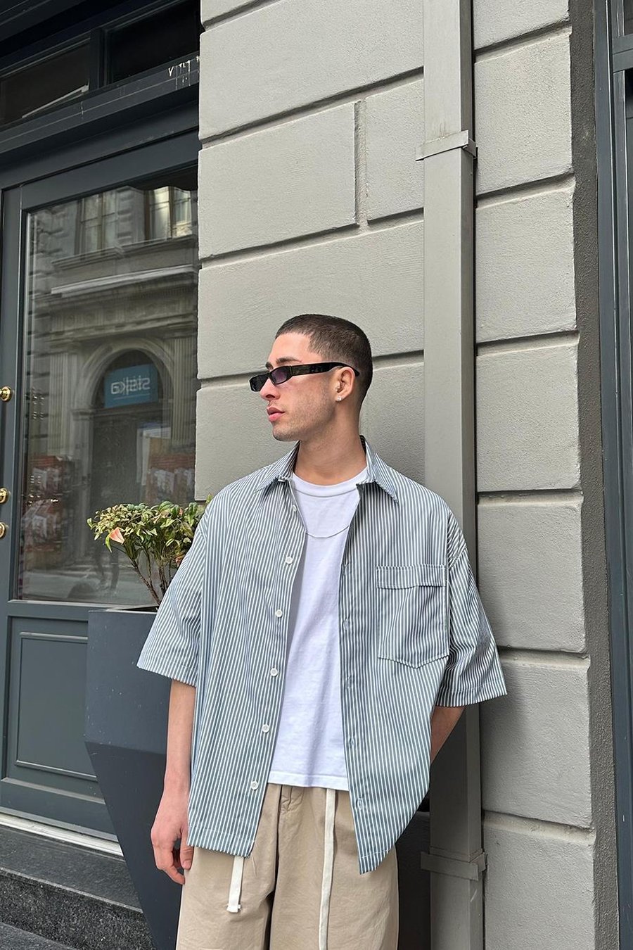 Yeşil Şerit Detay Ön Cepli 07 PH Oversize Gömlek