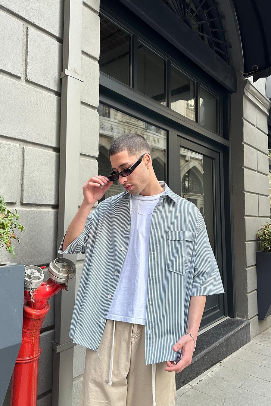 Yeşil Şerit Detay Ön Cepli 07 PH Oversize Gömlek