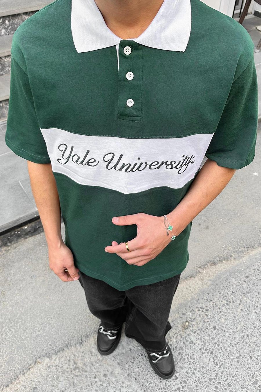 Yeşil Yale University PM Oversize Polo Yaka Tişört