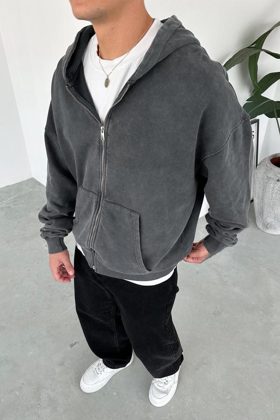 Acid Wash Basic Yıkamalı Tam Fermuar Oversize Sweatshirt