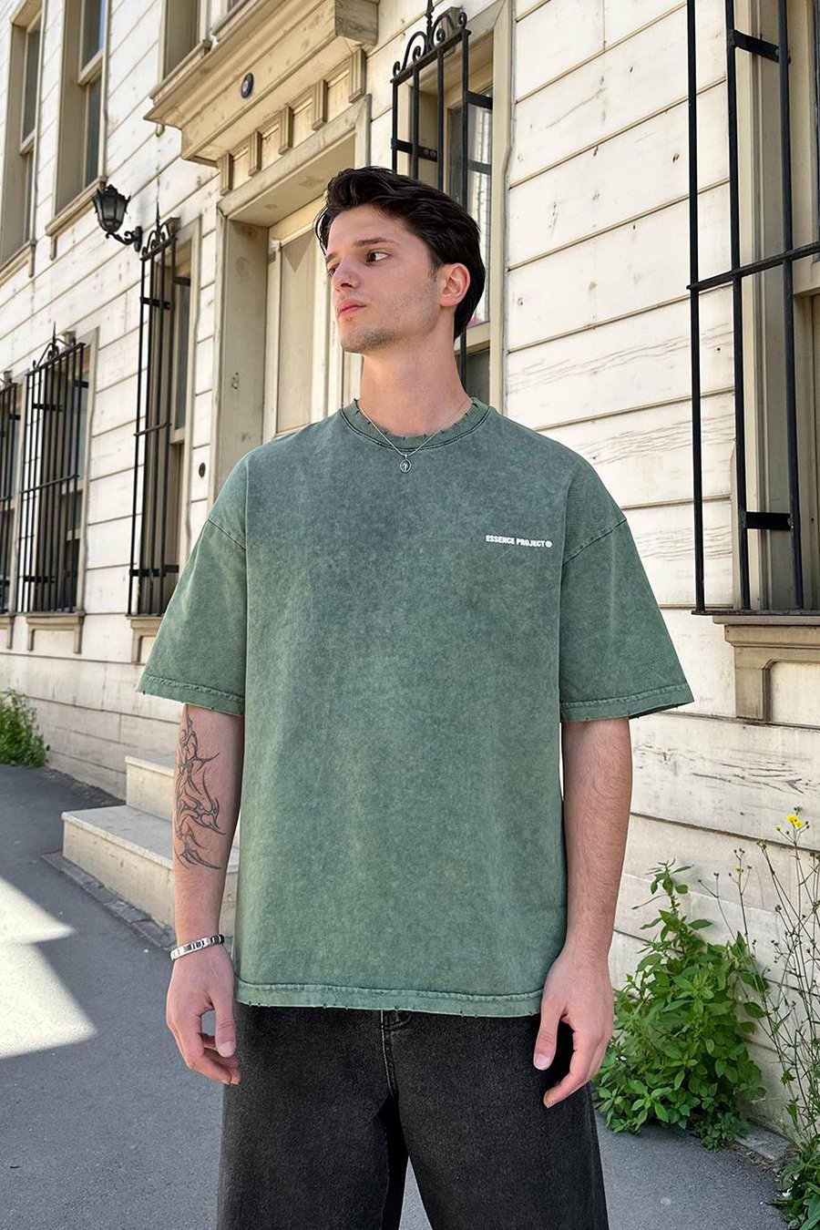 Acid Wash Yeşil Project EE Oversize Tişört
