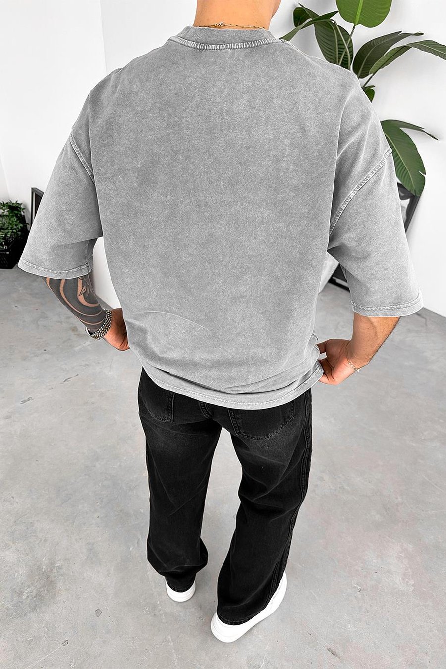 Açık Gri Acid Wash Basic Oversize Tişört