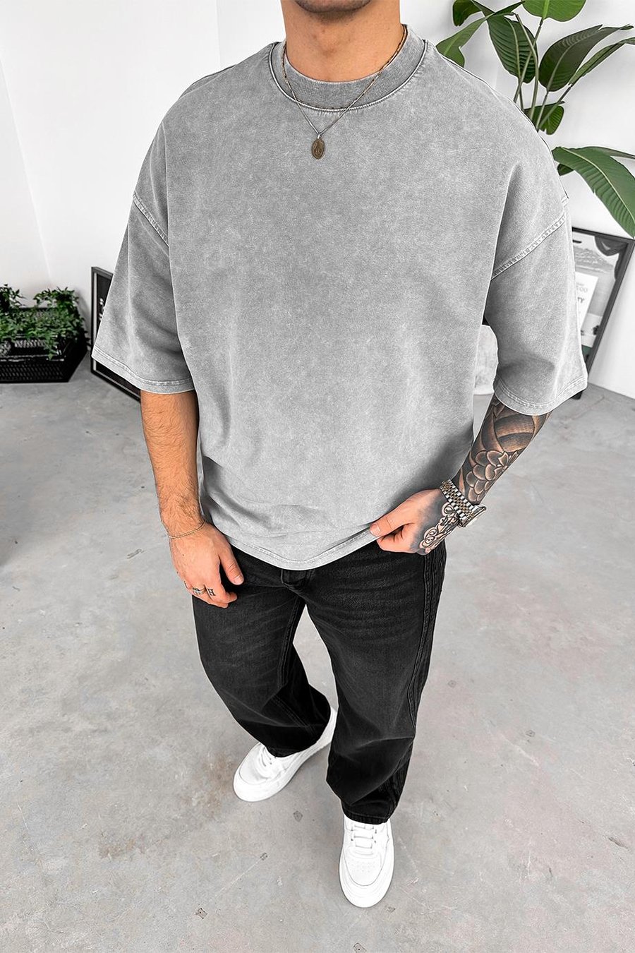 Açık Gri Acid Wash Basic Oversize Tişört