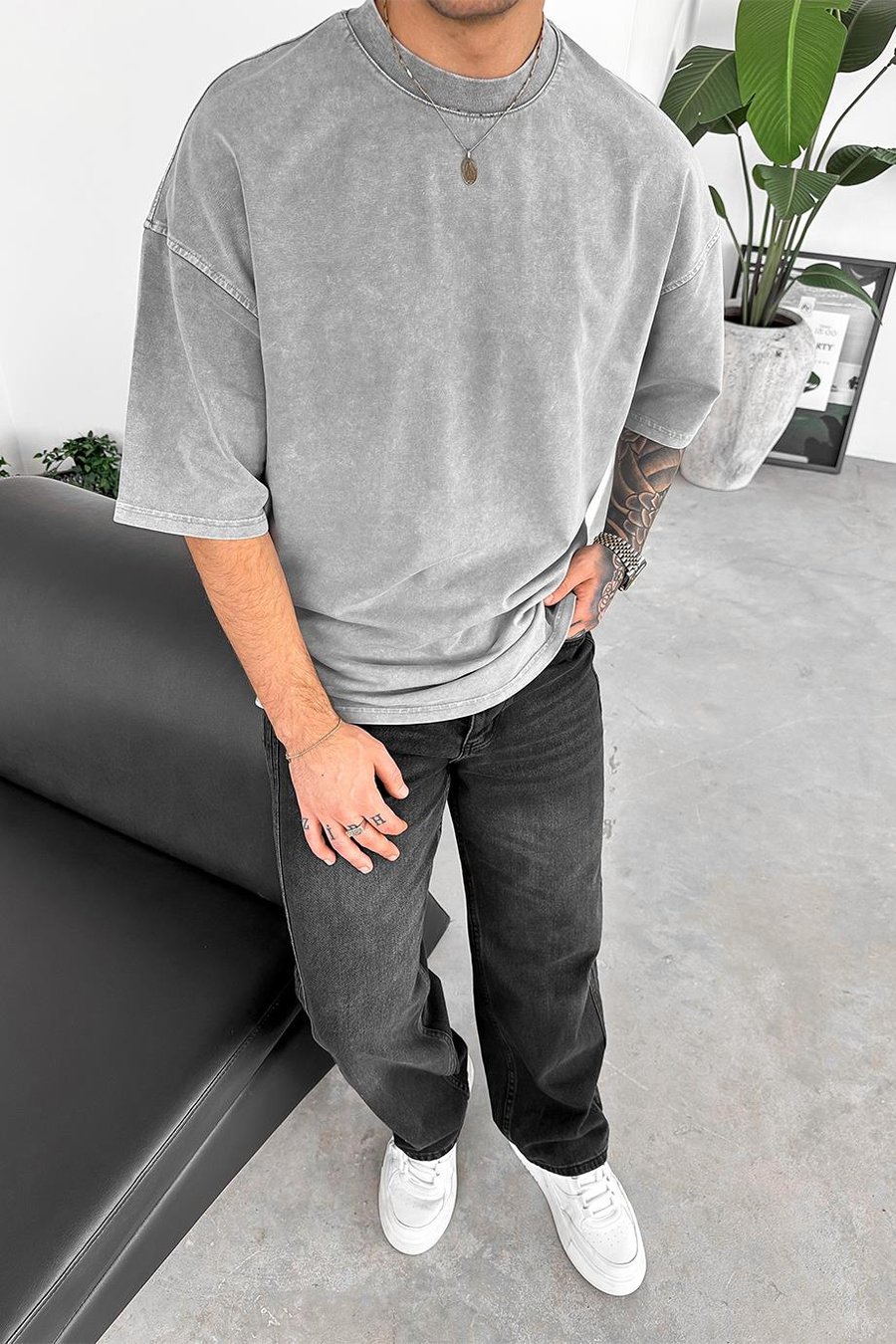 Açık Gri Acid Wash Basic Oversize Tişört