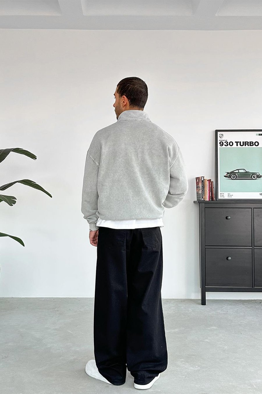 Açık Gri Acid Wash Yarım Fermuar Oversize Sweatshirt