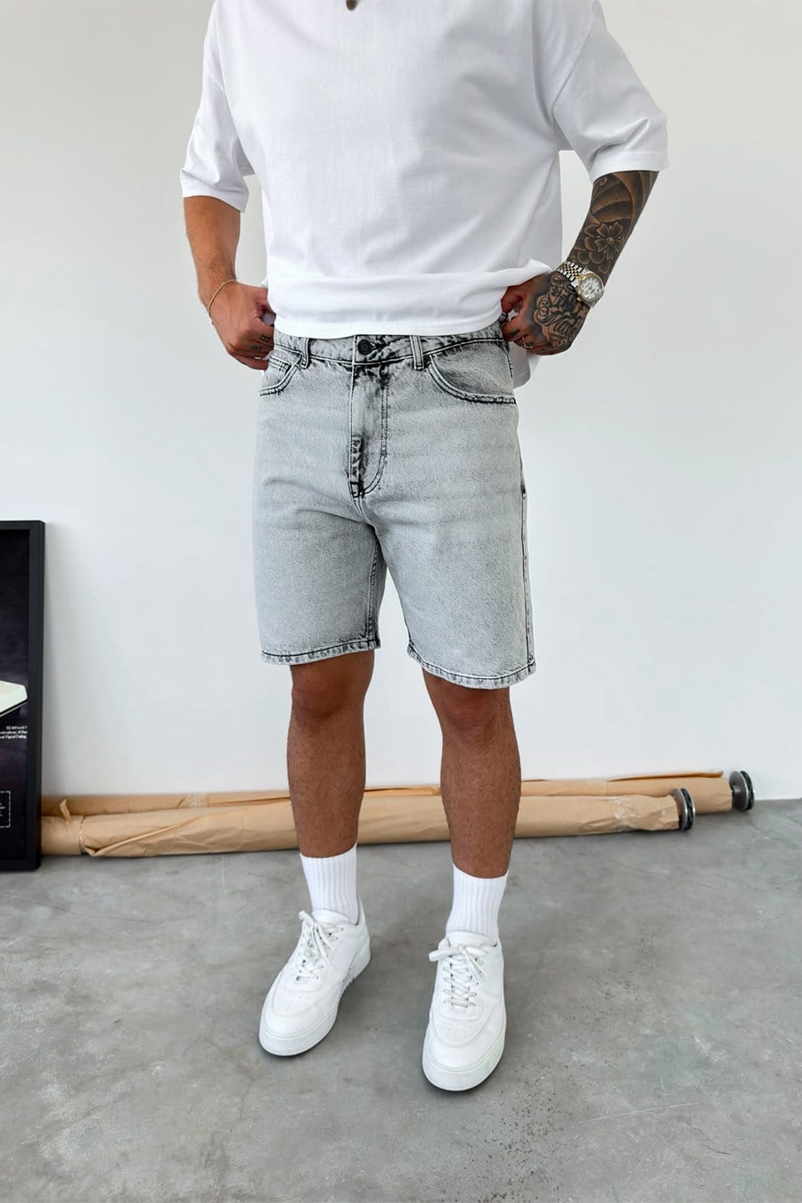 Açık Gri Basic Baggy Kot Şort