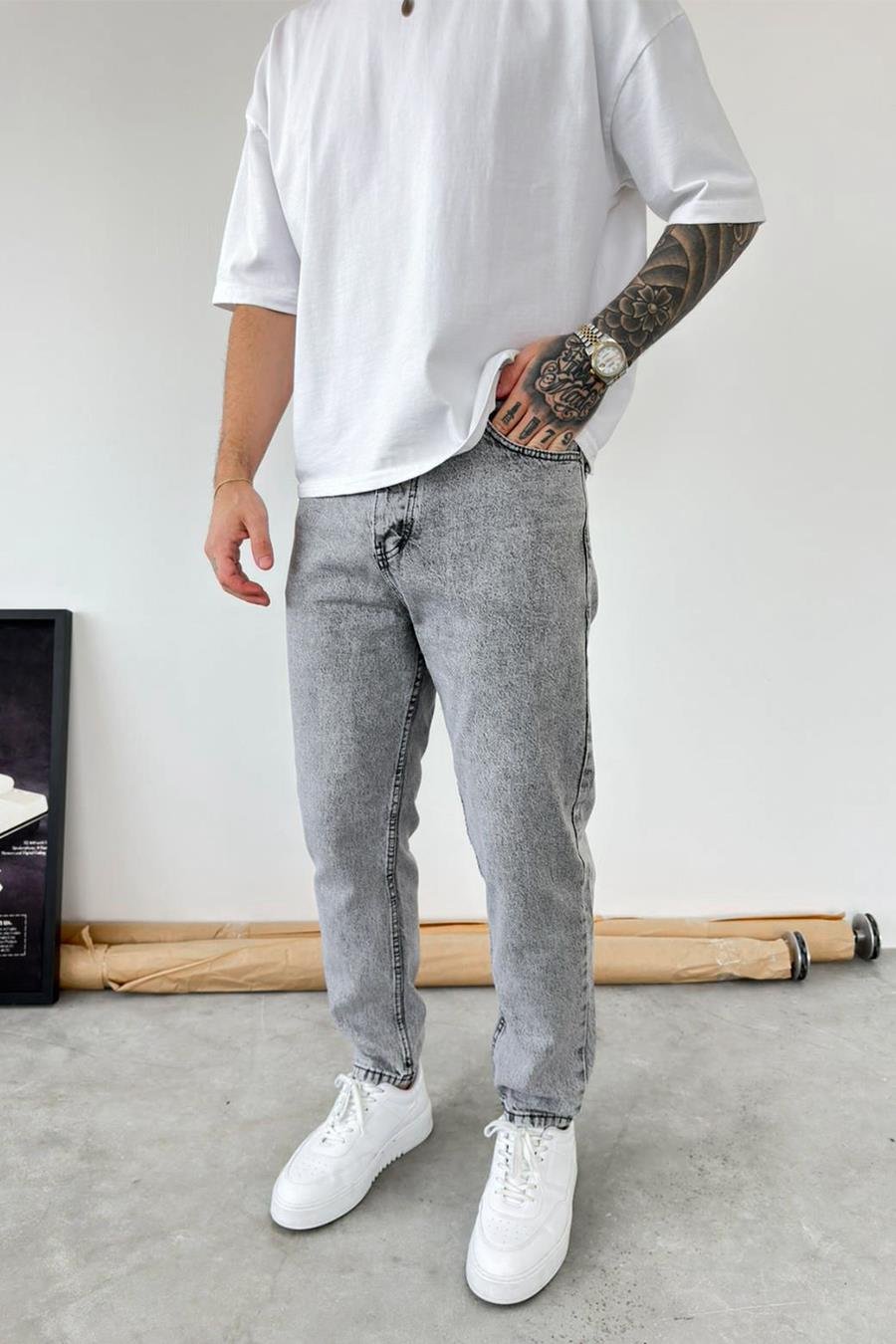 Açık Gri Basic Boyfriend Pantolon