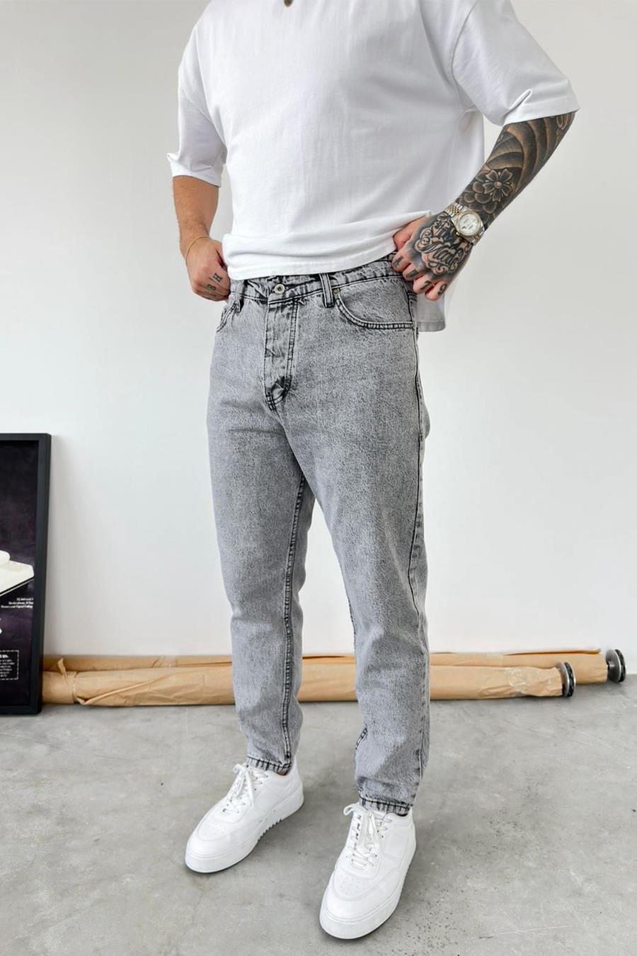 Açık Gri Basic Boyfriend Pantolon