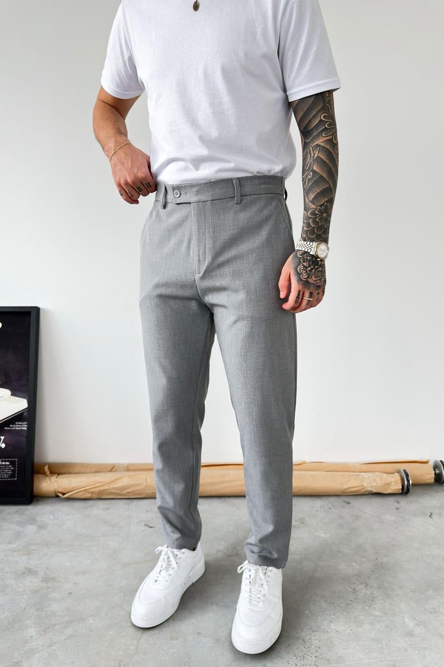 Açık Gri Basic Regular Fit Kumaş Pantolon