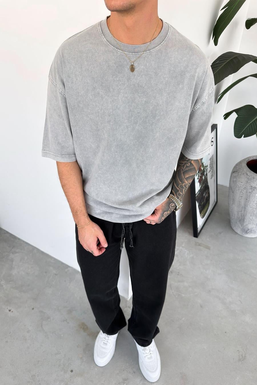 Açık Gri Basic Yıkamalı Oversize Tişört